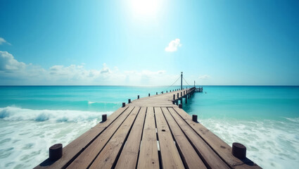 Obraz premium A wooden pier juts out into the sea on a clear summer day.