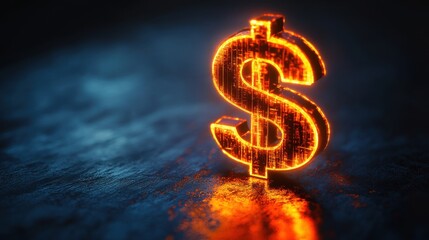 Illuminated dollar sign glowing brightly against a dark background in a creative representation of wealth and finance