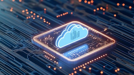 Obraz premium Futuristic Cloud Icon on Abstract Circuit Board Design with Glowing Connections and Digital Data Patterns
