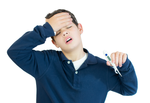 Young boy holding thermometer with worried gesture over transparent background. PNG transparent.