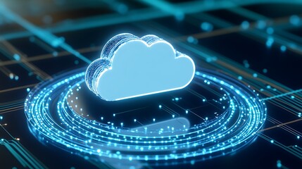 Futuristic Cloud Icon Surrounded by Digital Circles and Circuits in an Abstract Technology Landscape