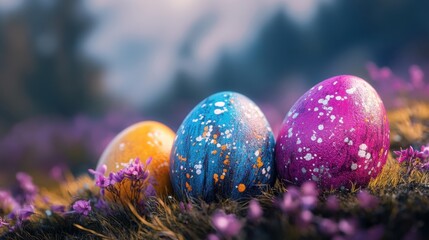 Colorful easter eggs resting among vibrant flowers in a serene spring landscape