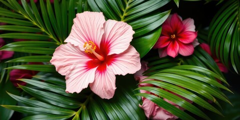 A stunning floral composition featuring a large hibiscus flower and a lush palm leaf, hibiscus, palm tree