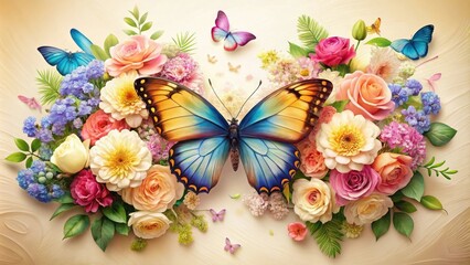 A stunning large butterfly with vibrant colors and delicate patterns in the center of a beautiful floral arrangement on a cream or white background, wall decor, decorative accent, butterfly wallpaper
