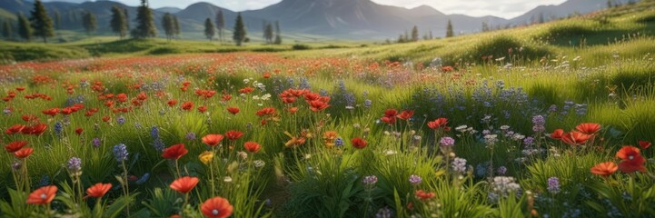 A stunning view of a lush green field covered in a profusion of colorful wildflowers and grasses, orange, nature