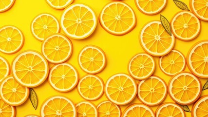 A stylized yellow lemon pattern is printed on a bright yellow background, creating a striking and eye-catching design that resembles citrus slices, design, graphics