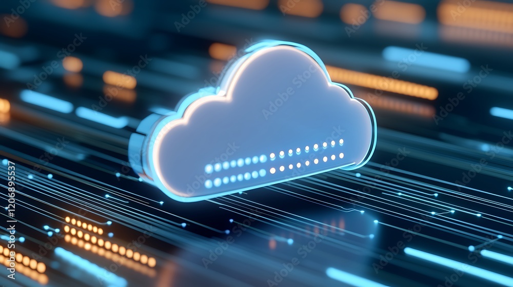 Poster futuristic cloud icon with glowing lines and data streams against a dark background for digital them