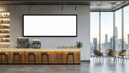Coffee bar digital signage blank above counter, with city skyline visible through glass.