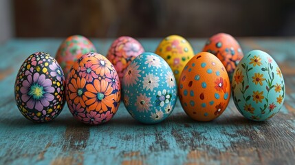 Colorful hand-painted Easter eggs lined up on a rustic wooden table, showcasing intricate floral designs in vibrant hues during a spring celebration