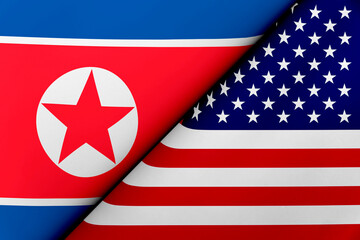 flag of the USA and North Korea. concept of international relations between countries. Sanctions against Russia. The state of governments. Friendship of peoples.
