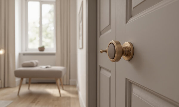 Mocha mousse cylindrical door knobs featuring gold accents around the edges, mounted on smooth taupe doors with a linear finish.