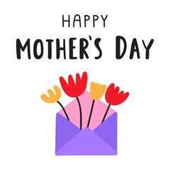 Inscription - Happy Mother's day. A bouquet in an envelope. Vector design. Flat hand drawn illustration on white background.