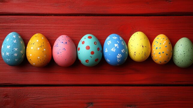 Vibrant and colorful easter eggs beautifully arranged on a bright red wooden surface celebrating spring's joyful arrival