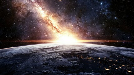 View from space landscape with milky way galaxy, sunrise and earth