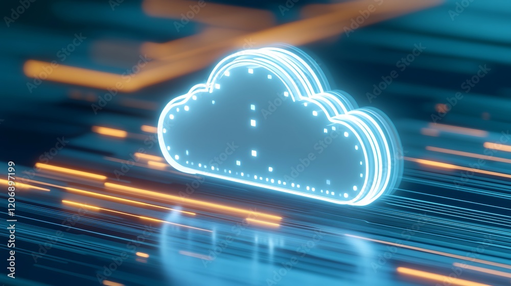 Poster futuristic cloud symbol with digital lines representing data transfer in a modern tech setting