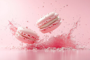 Two pink macarons falling into water, creating ripples and splashes.
