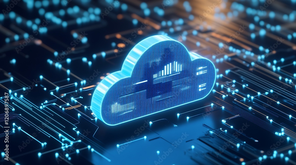 Poster futuristic cloud technology concept with data visualization on circuit board background