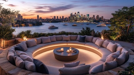 Fototapeta premium Luxury Waterfront Sunset Lounge: Sydney Skyline