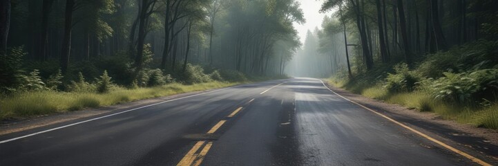 Fototapeta premium A worn asphalt road winding through a dense forest, landscape, forest, road
