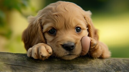 Adorable Puppy Resting On Log