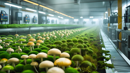 Mushroom cultivation facility in flourishing condition neatly arranged rows of vibrant plants