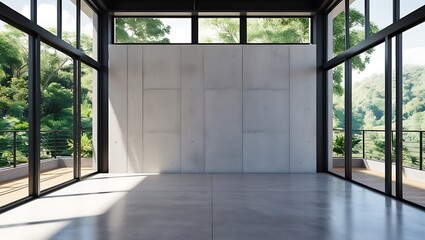 Industrial loft style empty room with blank concrete wall 3d render,There are polished concrete floor and wall,black steel structure,There are large windows look out to see the nature