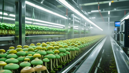 Mushroom cultivation facility in flourishing condition neatly arranged rows of vibrant plants