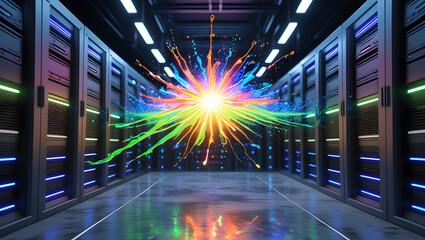 Technology creating a dazzling and dynamic splash effect in a sever room. AI Generated.