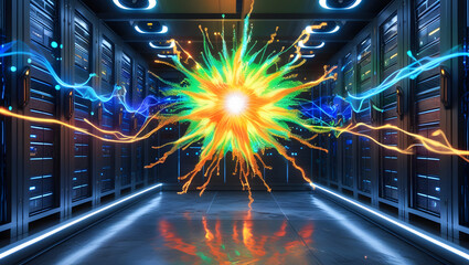 Technology creating a dazzling and dynamic splash effect in a sever room. AI Generated.
