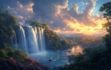 Sunset Waterfall Mountain Scenery