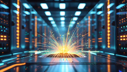 Technology creating a dazzling and dynamic splash effect in a sever room. AI Generated.