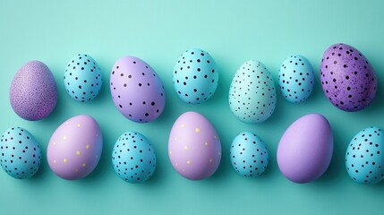 Colorful collection of hand-painted Easter eggs arranged on a vibrant teal background, celebrating springtime creativity and tradition