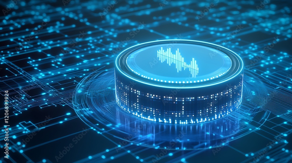 Poster futuristic data visualization with audio waves on a digital circuit background in blue tones