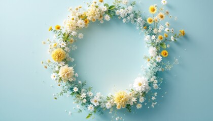 Obraz premium Floral wreath on light blue background with yellow and white flowers