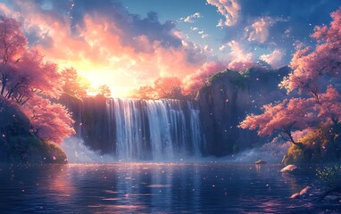 Peaceful Spring Waterfall with Cherry Blossoms