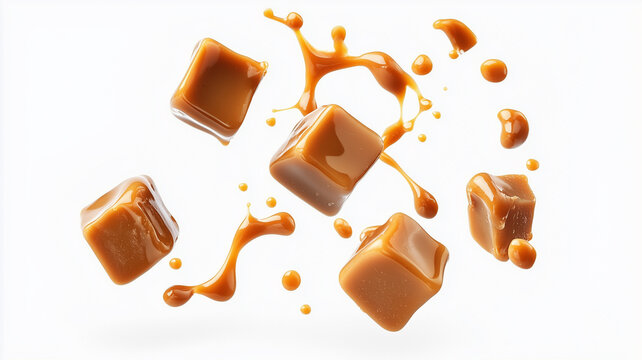 Close up of caramel cubes splashing into a pool of caramel, creating a visually appealing scene. The caramel is golden brown and glistening, with droplets of caramel flying in the air
