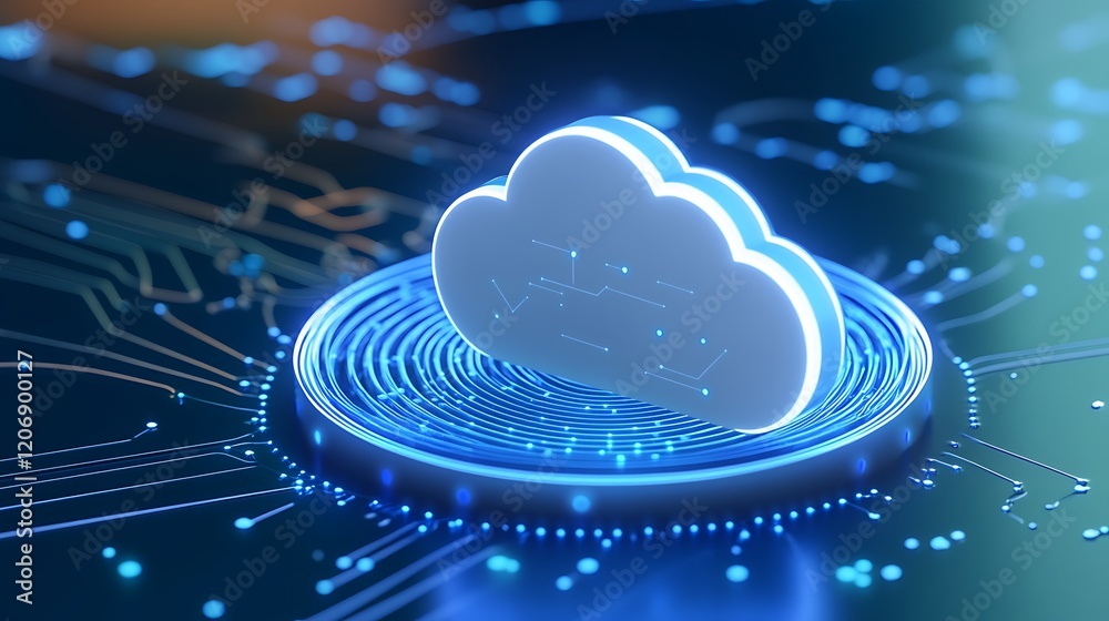 Poster futuristic digital cloud computing concept with data circuits and neon lights symbolizing technology