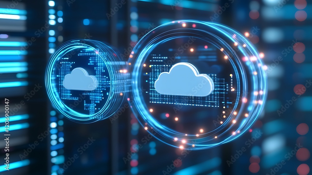 Poster futuristic digital cloud computing concept with data visualization and modern server technology