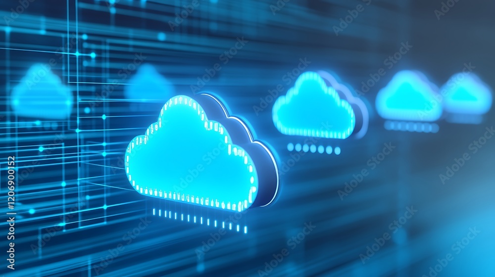 Poster futuristic digital cloud computing concept with glowing blue clouds and data connections in abstract