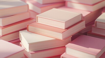 Piles of pink books on blue background