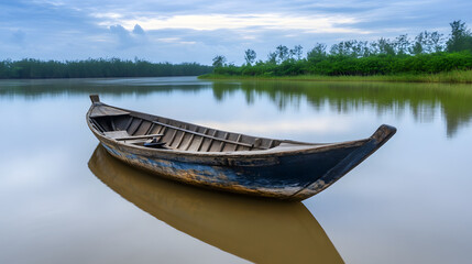 A tranquil lagoon featuring a small wooden boat moored to a stake in shallow waters, surrounded by mangroves and the soft sound of rippling water 