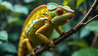 Obraz premium Vibrant Chameleon Clinging to a Thin Branch in Lush Green Foliage, Capturing a Moment of Reptilian Camouflage