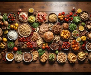 Fototapeta premium abundance of food spread across a large wooden table, linens, kitchen