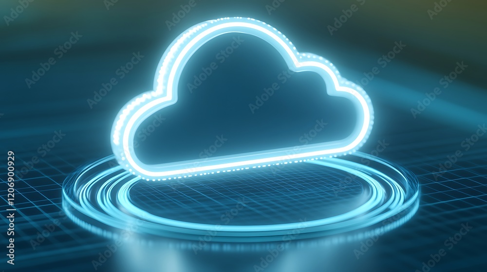 Poster futuristic digital cloud icon in neon style with geometric elements on a technology background