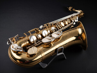 Close-Up of a Golden Saxophone on Black Background