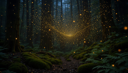 Glowing Fireflies Illuminating Dense Forest in Tranquil Nighttime Scene