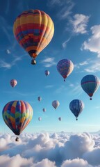 Obraz premium Air balloons drifting slowly across a bright blue sky with a few wispy clouds scattered about in the distance, wispy clouds, dreamy view