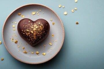 A beautifully crafted chocolate heart dessert is placed on a round plate, adorned with shimmering gold leaf pieces. This delightful treat is perfect for sharing on Valentine's Day