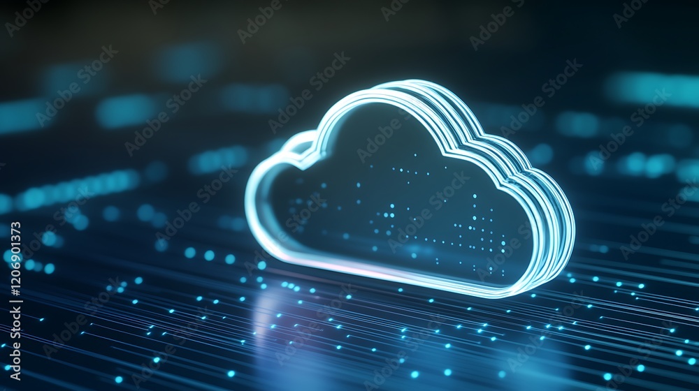 Poster futuristic digital cloud icon with abstract data streams and glowing effect on dark background
