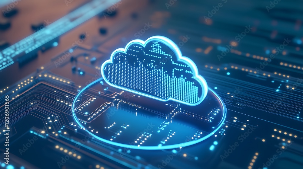 Poster futuristic digital cloud icon with circuit pattern and neon glow for technology and networking conce